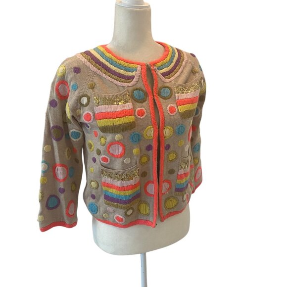 MANOUSH Wool Cardigan crop sleeve multicolor whimsical beige embroidered jacket - Picture 3 of 16